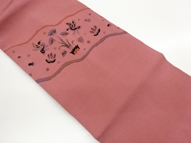 縮緬地変わり横段に抽象花鳥模様名古屋帯